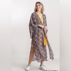 Umgee Floral Print Bell Sleeve Sheer Kimono Black/Purple Size 2X